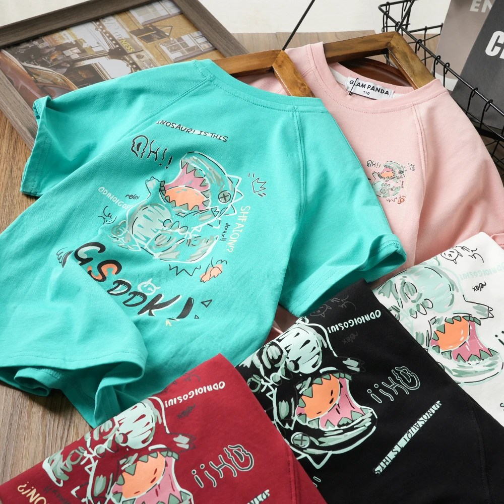 夏季儿童时尚小恐龙喷绘短袖涂鸦T恤百搭上衣男童圆领休闲GP2051