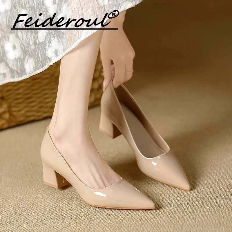 Feideroul2025新款漆皮高跟不累脚尖头浅口低跟气质粗跟职业单鞋