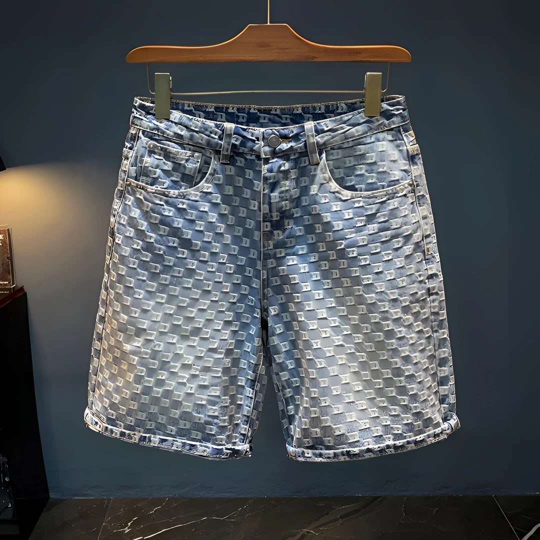 立体感提花牛仔短裤男夏季薄款宽松做旧五分男裤子纹理直筒中裤