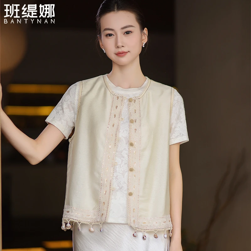 中国风马夹圆领女装百搭时尚上衣宽松气质马甲白色拼接复古中式