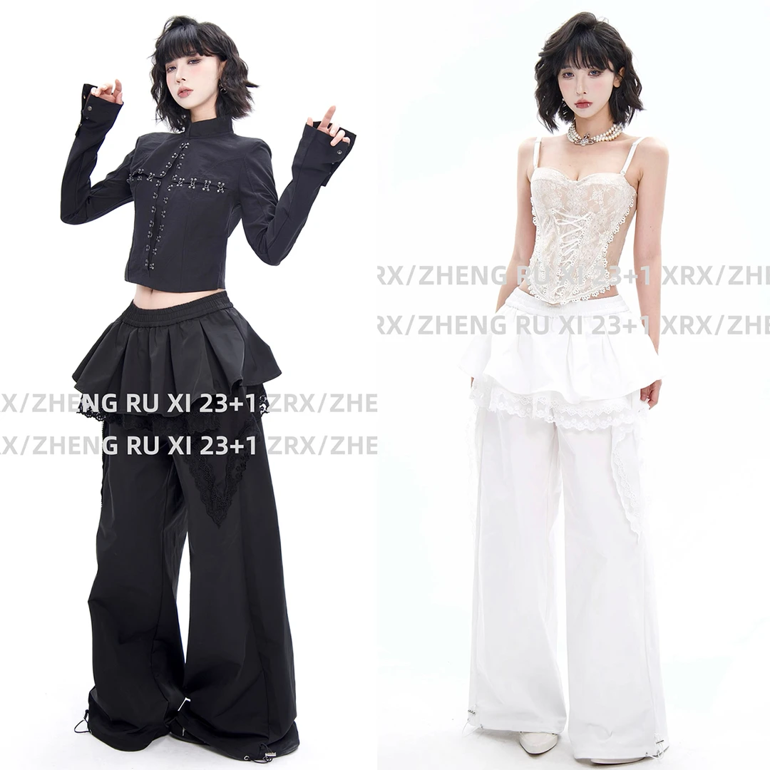 付新博女装叠穿裙摆设计工装休闲裤女小众拼接蕾丝层次长裤13734