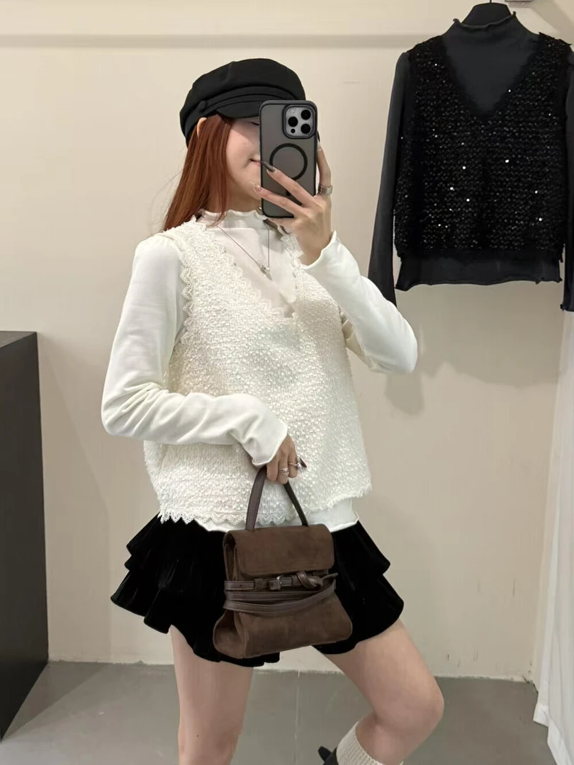 秋季韩版小香风显瘦时尚套装简约内搭个性亮片马夹两件套942261