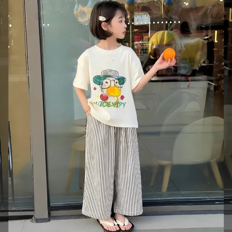 女童夏季休闲套装2025新款女中大童宽松短袖T恤条纹阔腿裤两件套