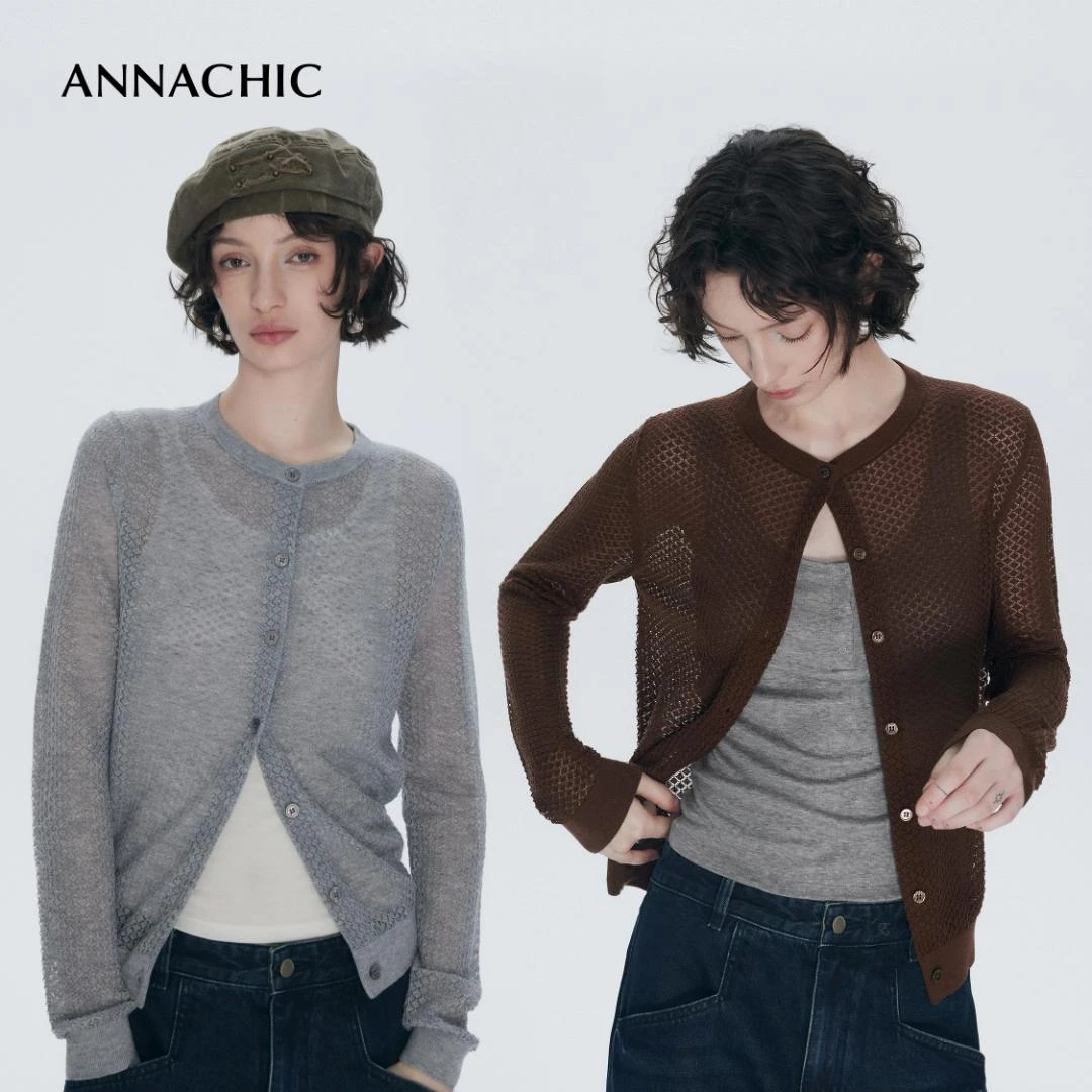 ANNACHIC｜M1u系强推_轻薄镂空小圆领长袖针织开衫/薄款外套/上衣