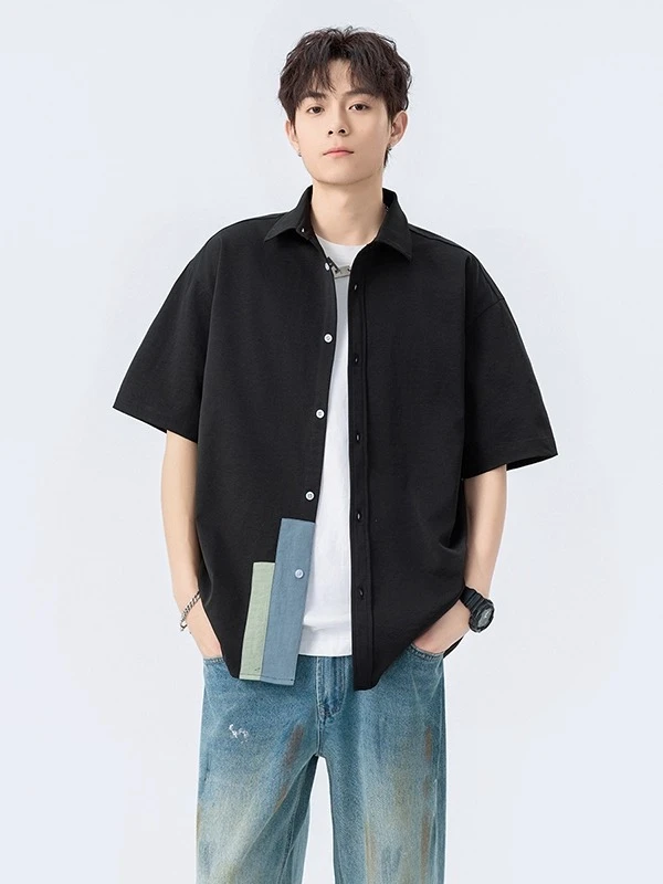 潮牌拼接短袖衬衫男夏季薄款设计感衬衣外套港风宽松衬衫外套休闲