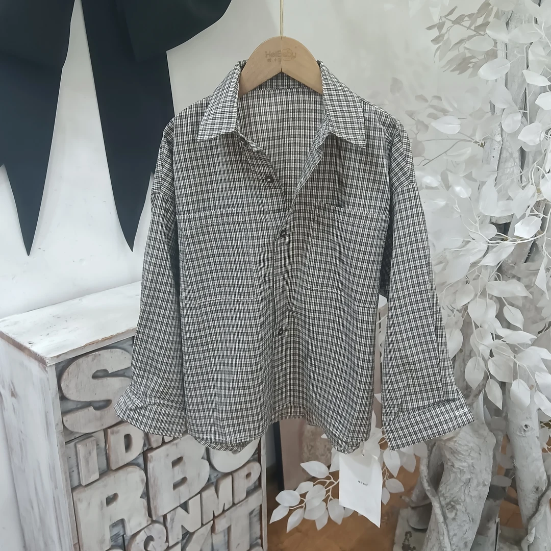 X203灰色格子棉衬衣/喵可