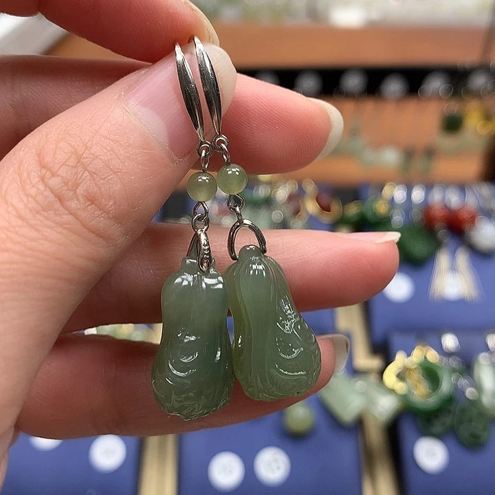 和田玉银S925镶嵌耳饰白菜21.7左右晴水绿