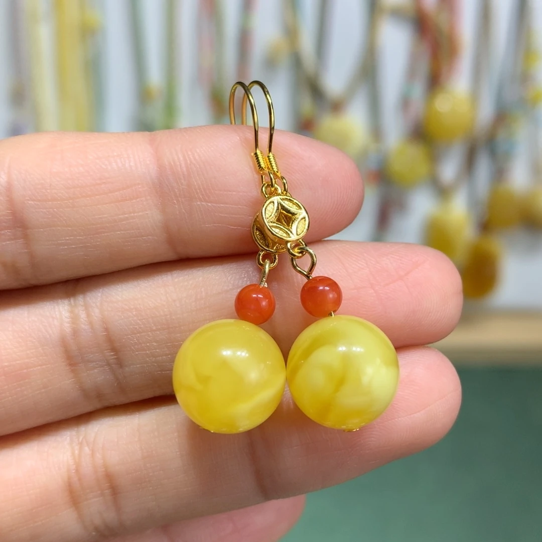 蜜蜡耳饰银S925镀金镶嵌耳饰