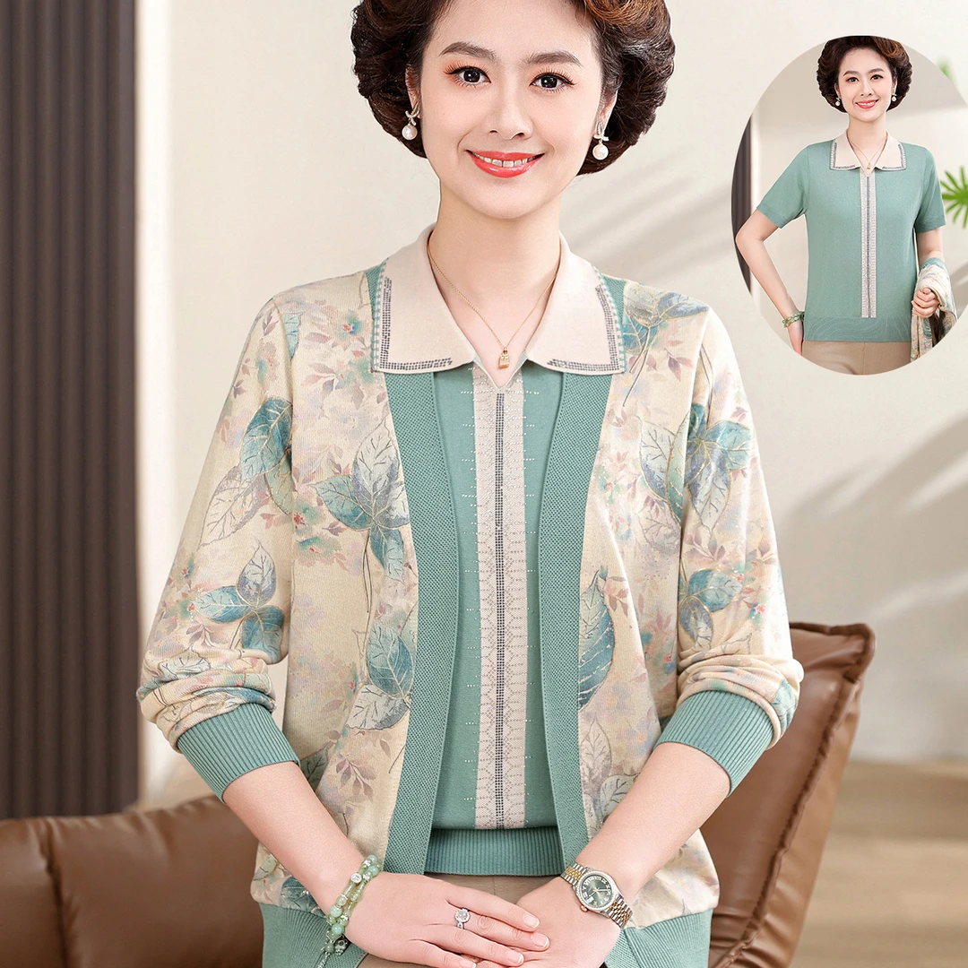 妈妈春装新款针织两件套洋气上衣服中老年女夏季冰丝短袖T恤套装