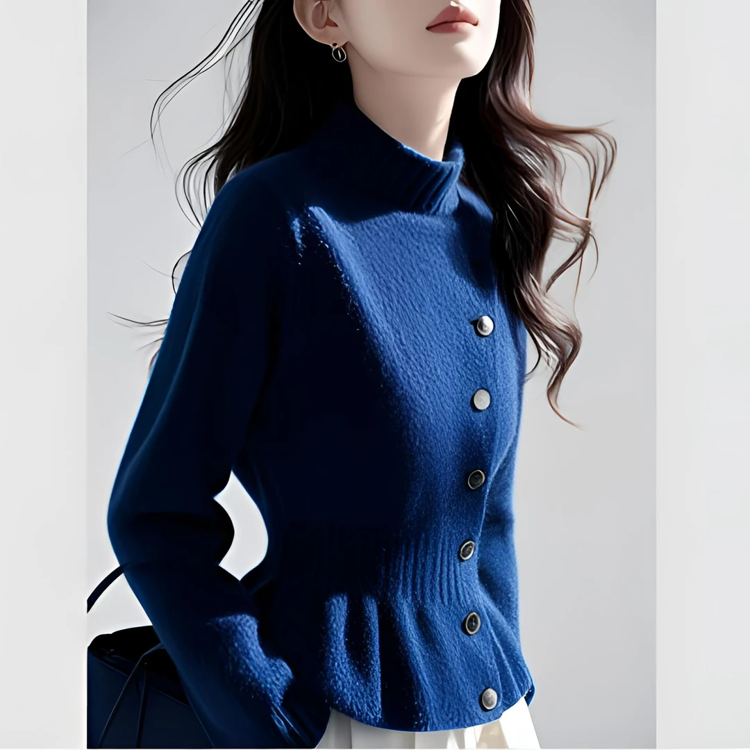 超好看蓝色高领厚毛衣女款2025新款冬季慵懒高级感小香风针织上衣