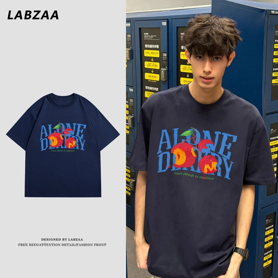 100%纯棉美式油画苹果字母印花短袖T恤夏季男女休闲百搭情侣上衣