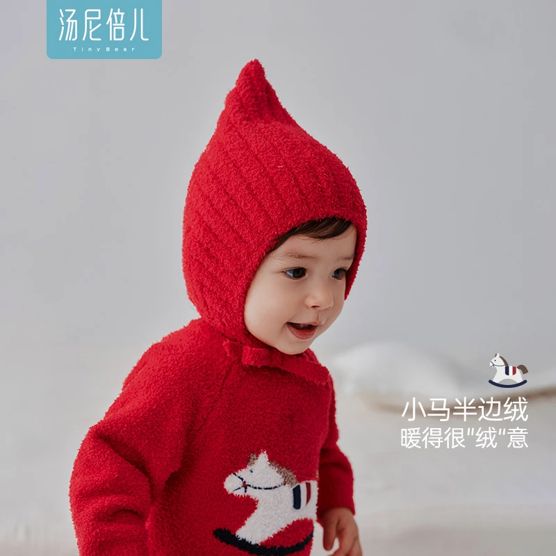 汤尼倍儿【半边绒】婴儿保暖针织帽子秋冬宝宝外出防风红色护耳帽