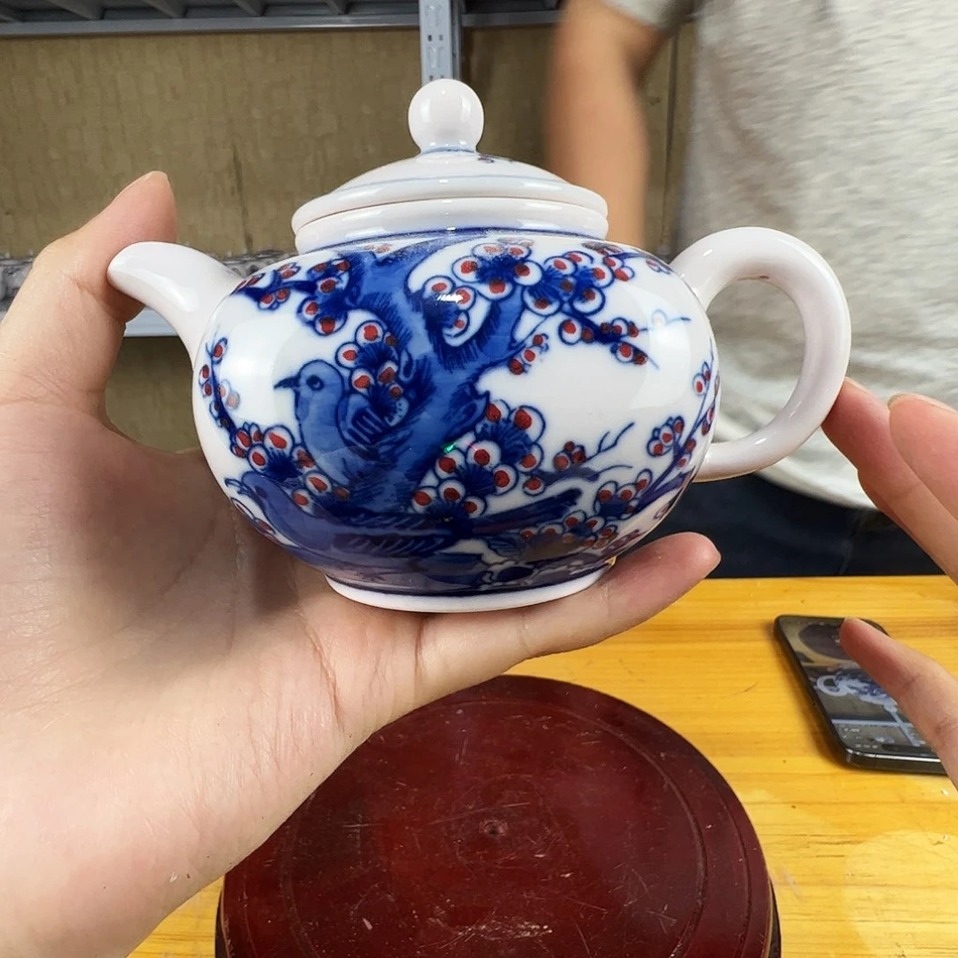 瓷片景德镇陶瓷红嘻嘻喜上眉梢四方茶壶一只