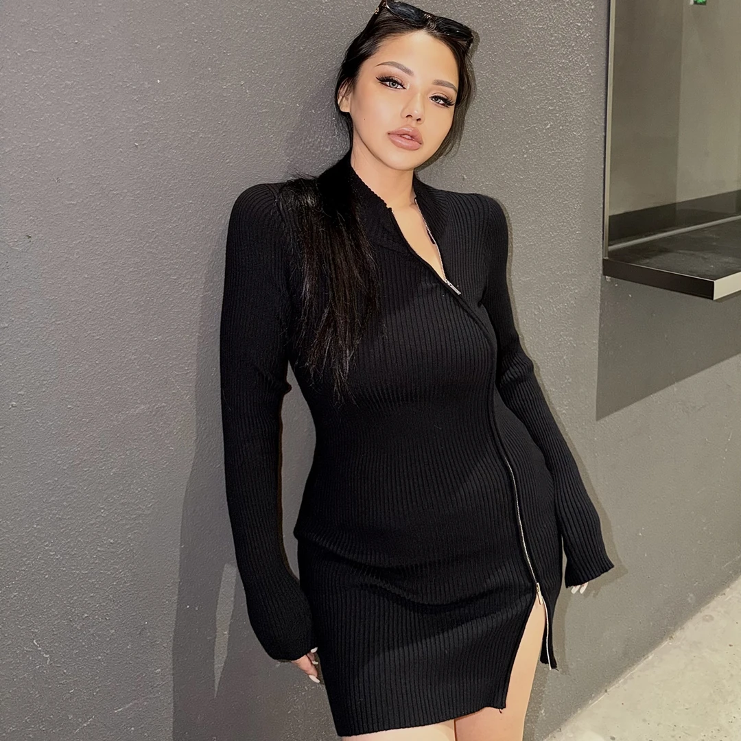 BBWootd大码显瘦打底针织裙拉链立领连衣冬季包臀裙