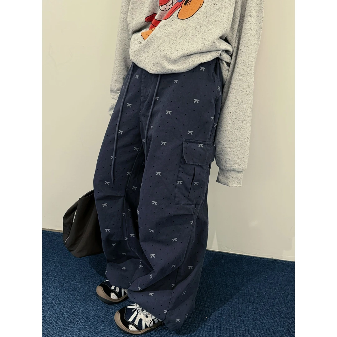 HELLOTANGO《kpop女孩》秋冬韩系复古蝴蝶结波点满印休闲裤65822#