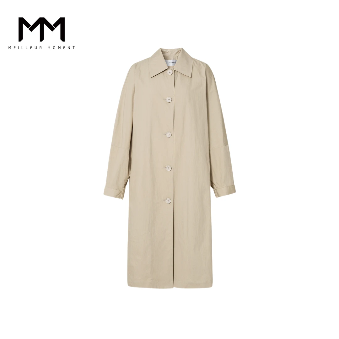 麦檬商场同款老钱风翻领米色长款风衣外套25秋季5G2860041-1