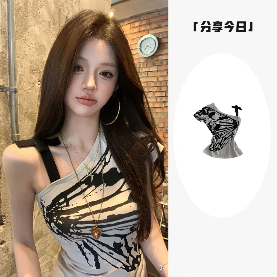 蝴蝶印花斜领单肩短袖T恤女夏季修身设计感辣妹独特显瘦上衣