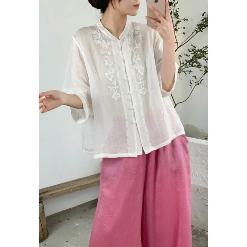 310拍这里]复古国风刺绣印花苎麻小衫女2025夏季新款五分袖中式茶