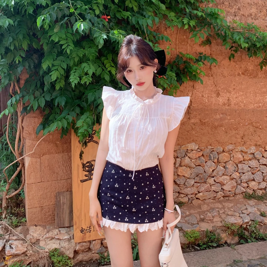 陈六六CHENLIULIU【少女的独白】法式清新飞飞袖白色衬衫