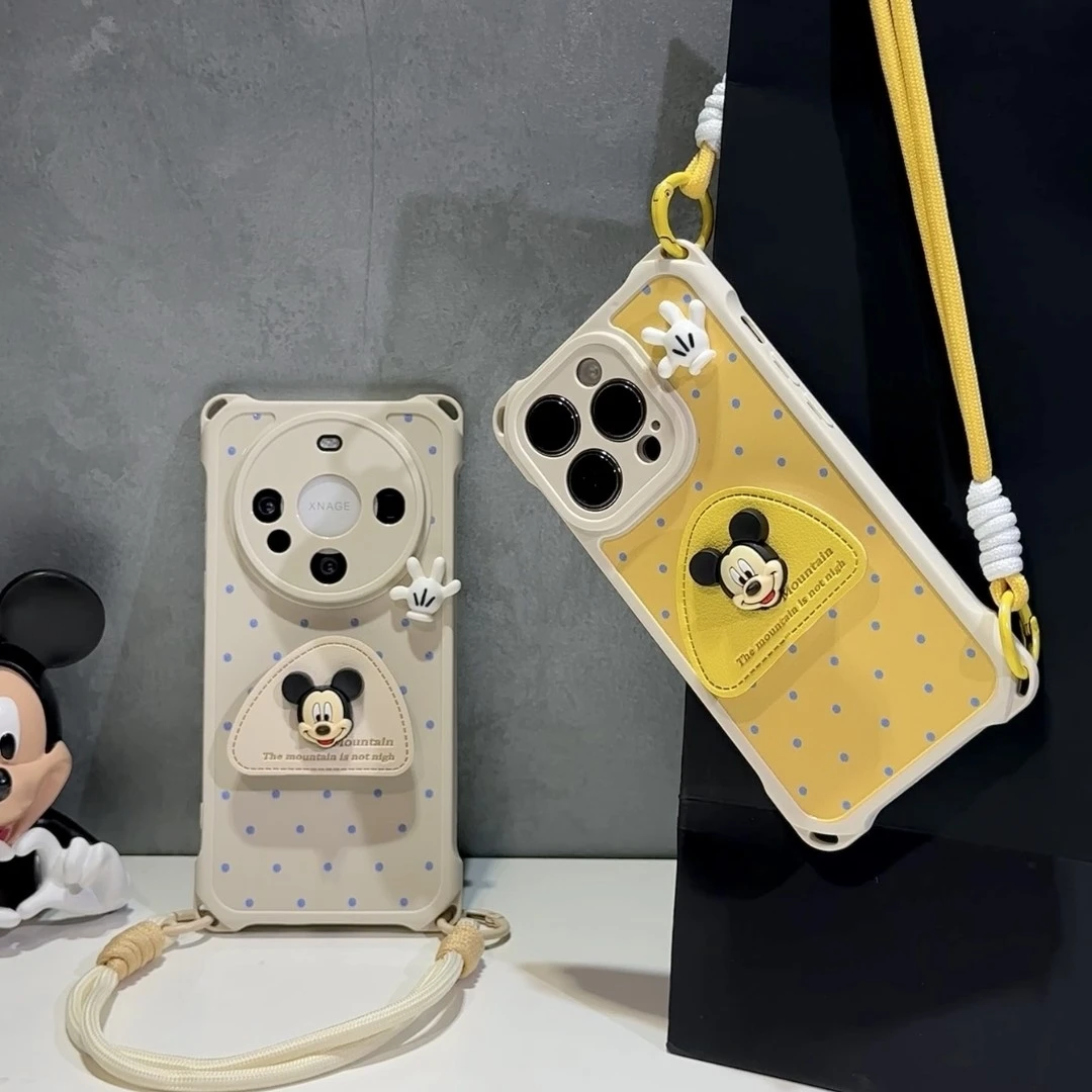 适用波点米奇支架苹果16/15promax手绳手机壳华为P70vivo小米oppo