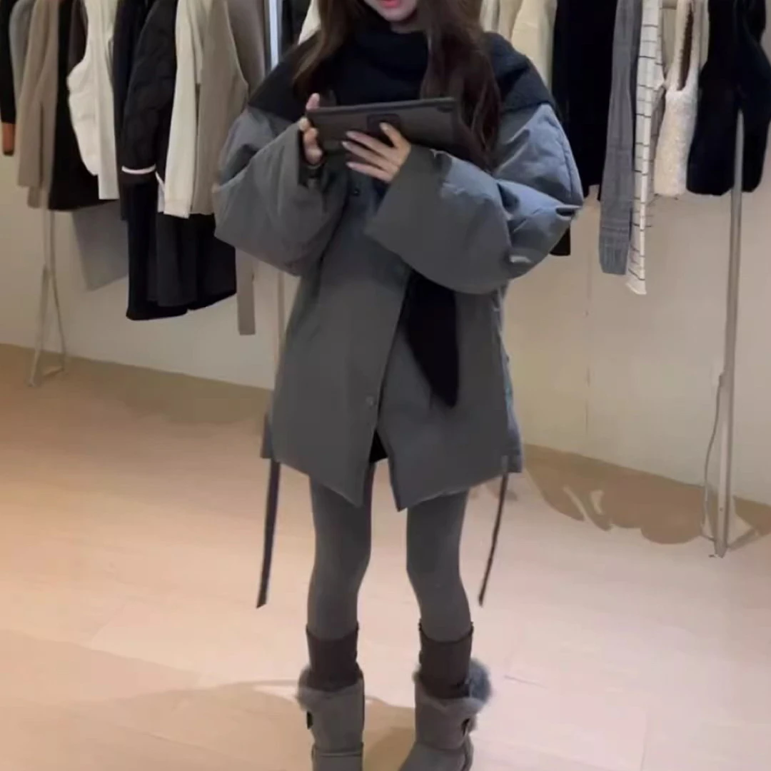 深灰色中长款棉服冬季新款加厚保暖棉衣外套