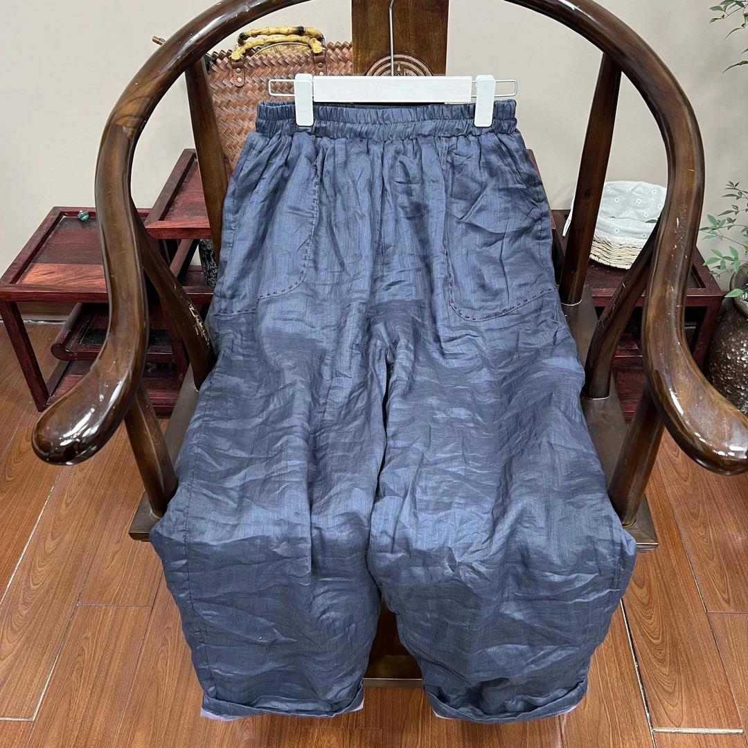 麻姑娘  定制苎麻砂洗手工拱针经典小直筒裤