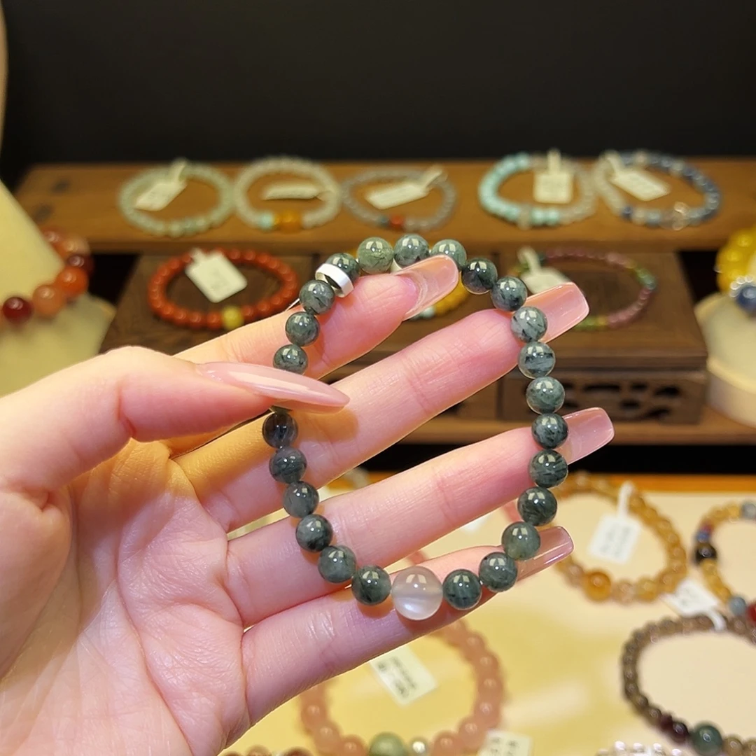 水晶银S925镀金镶嵌手串绿发2086