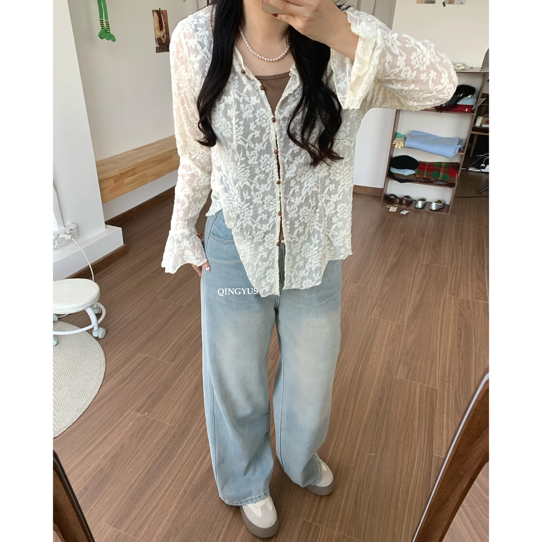 QINGYUS-蕾丝花边V领收腰气质圆扣正肩长袖镂空微胖显瘦两件套