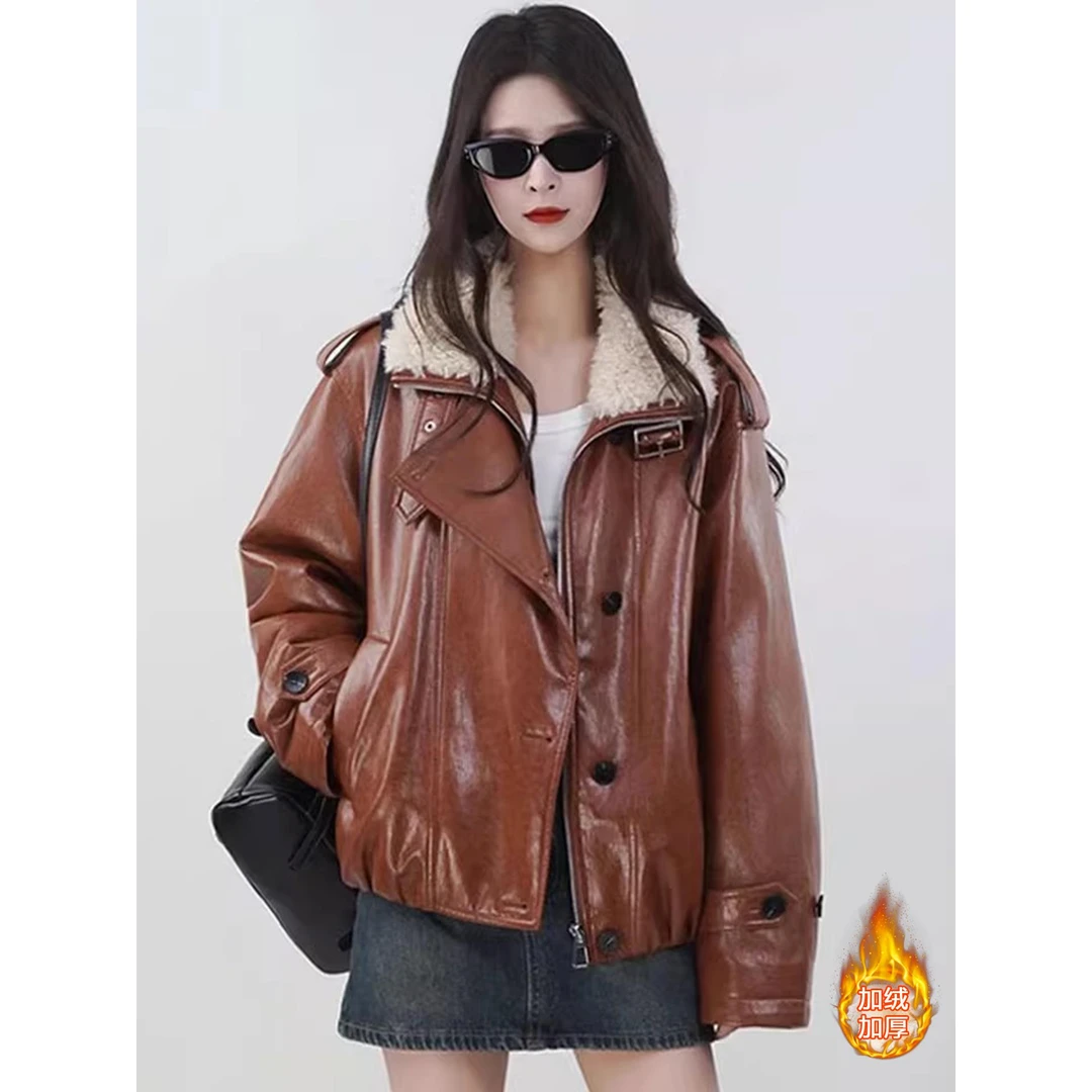 加绒加厚皮衣外套女2025冬季新款宽松显瘦保暖机车皮夹克上衣潮