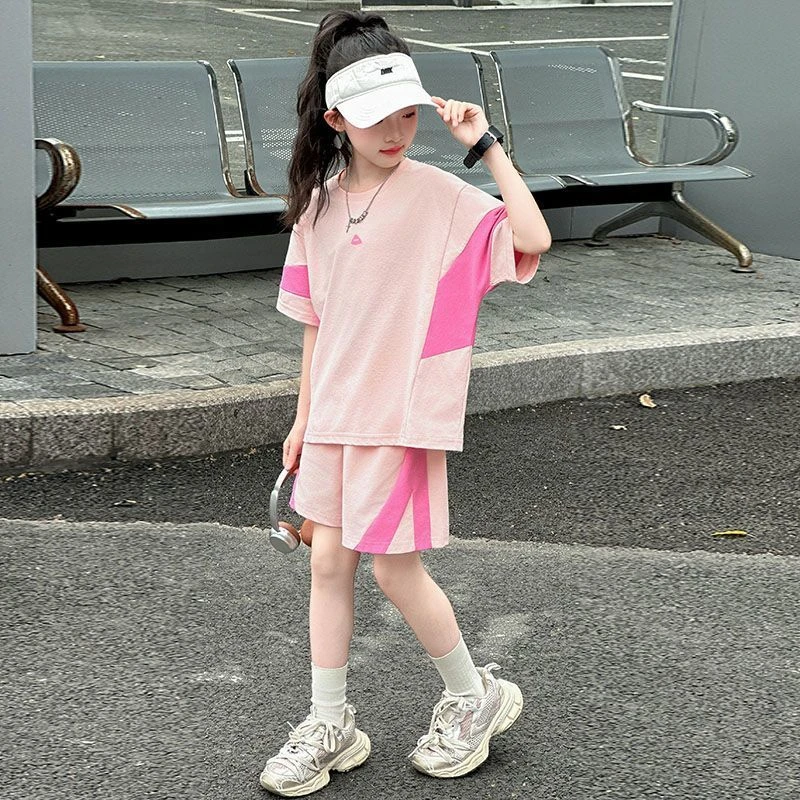 女童中大童短袖运动套装时髦洋气拼接撞色圆领宽松短裤儿童两件套