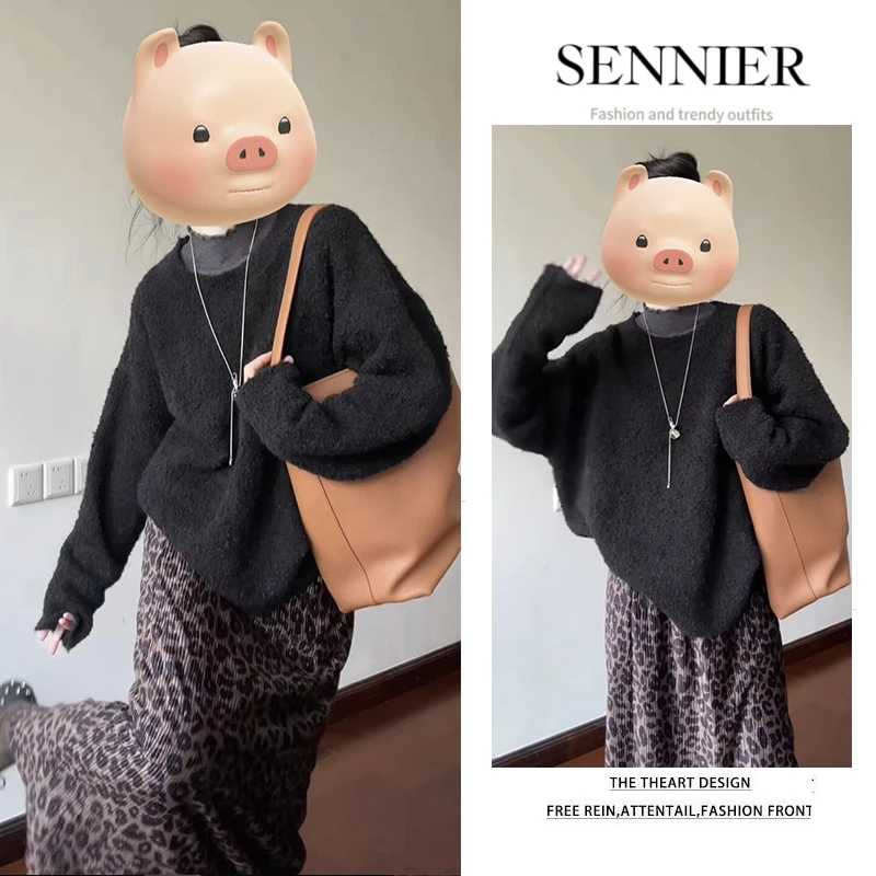 秋季穿搭女2025新款韩版慵懒百搭套头毛衣打底衫豹纹半身裙三件套