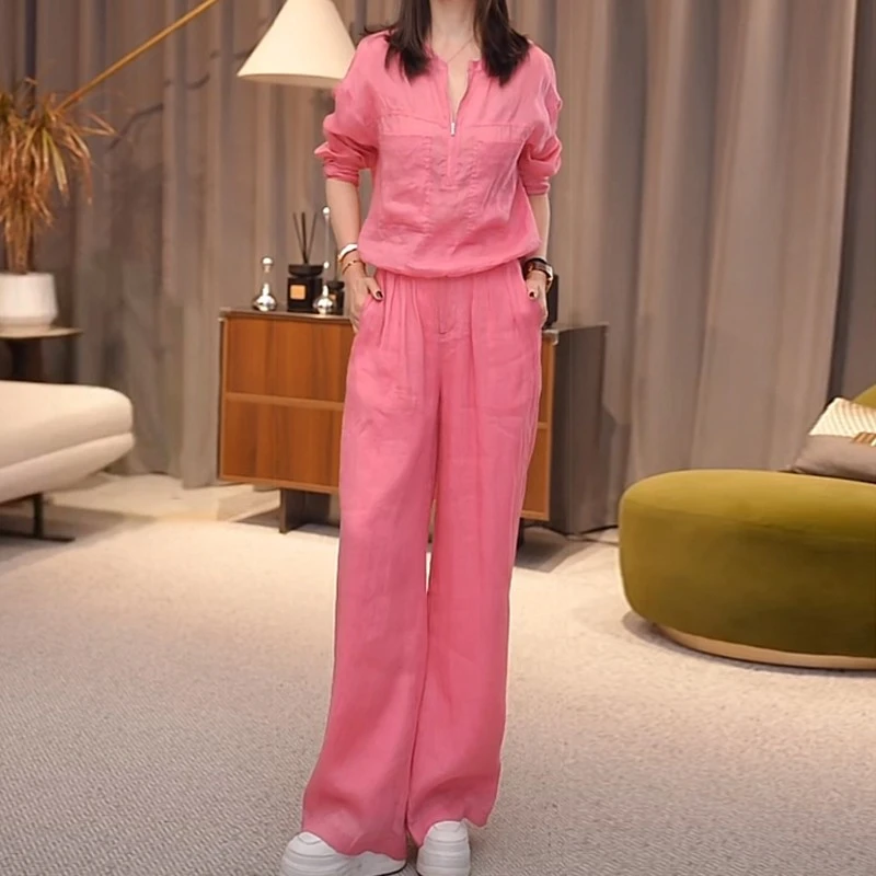 时尚苎麻衬衫套装女夏夏季新款洋气休闲宽松棉麻上衣阔腿裤两件套