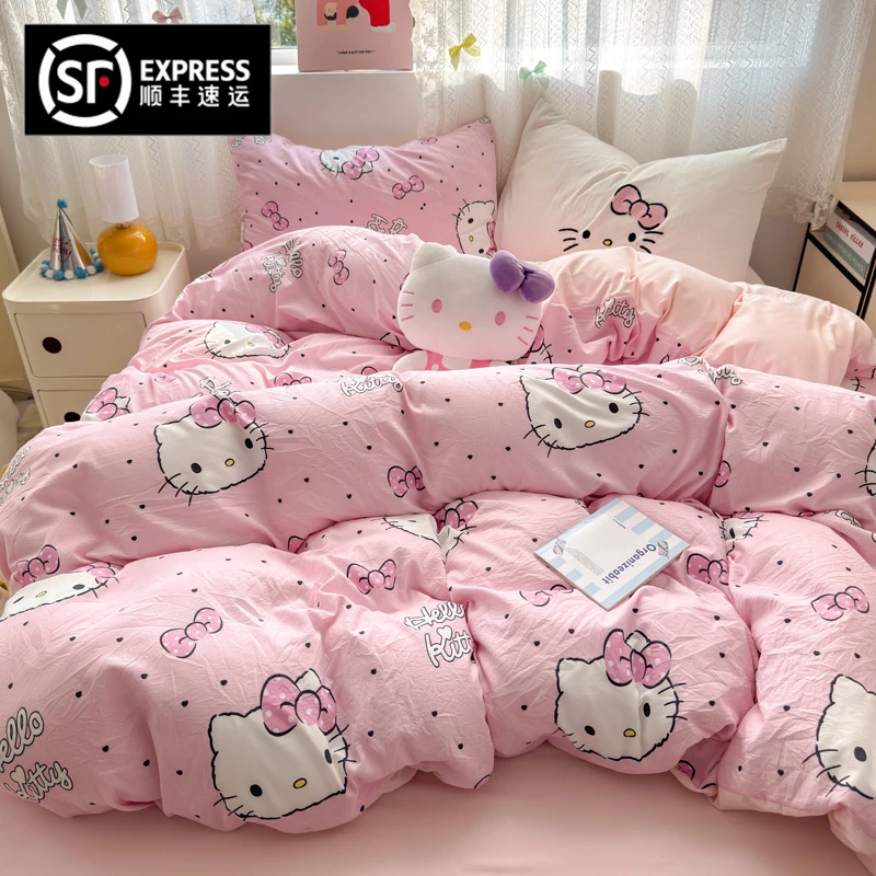 猫咪日记甜美超柔水洗棉四件套卡通少女风宿舍三件套被套床单床品