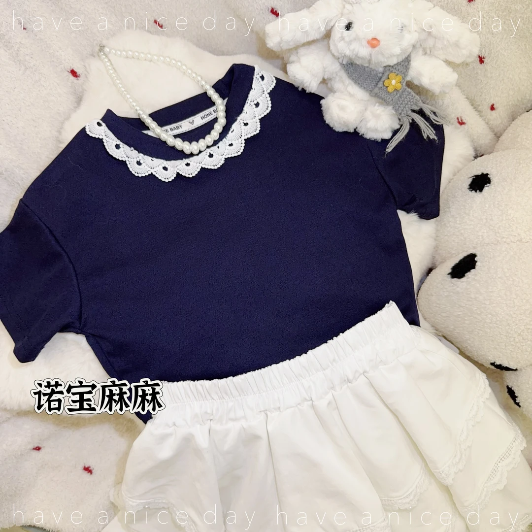 2025夏款女宝宝T恤日韩系简约镂空软糯短袖蕾丝圆领上衣洋气套头