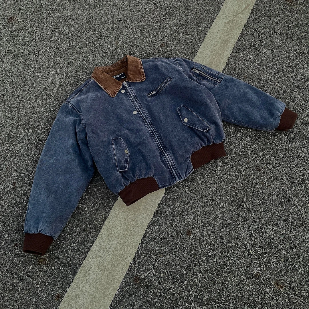 WENG美式复古vintage水洗做旧巴恩风飞行夹克男短宽夹棉工装外套