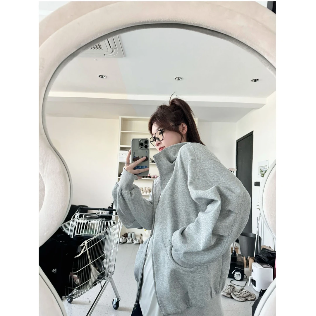 晶咕【秋日邮局】美式双拉链连帽纯色宽松卫衣外套