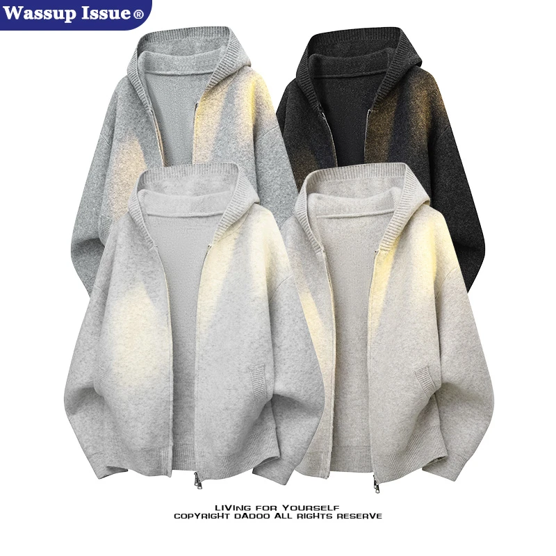WASSUP ISSUE美式复古开衫毛衣男 宽松连帽针织衫秋休闲线衣外套