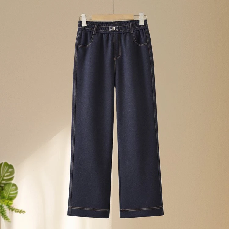 2025秋冬季新款中年妈妈松紧高腰直筒牛仔长裤小个子窄版阔腿裤