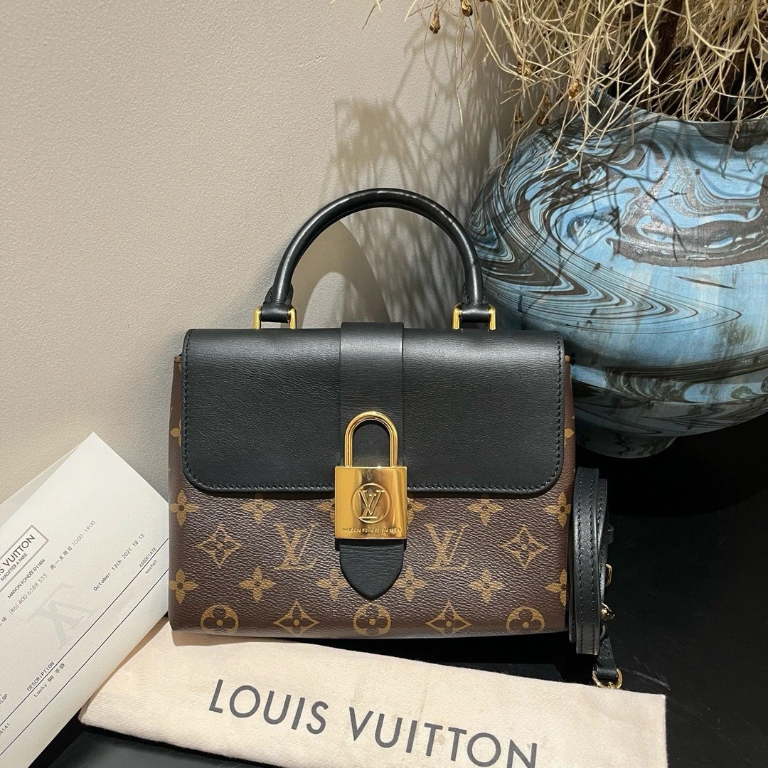 95新 LouisVuitton/路易威登 lock bb黑色锁头包 经典拼色斜挎包