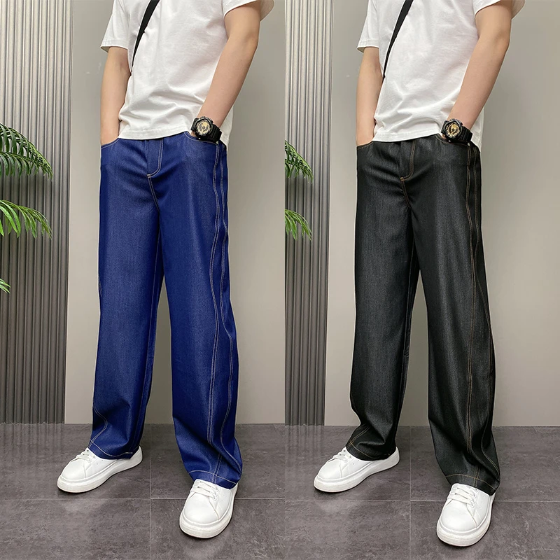2025年夏季薄款潮流韩版痞帅宽松哈伦水洗直筒阔腿休闲牛仔长裤男