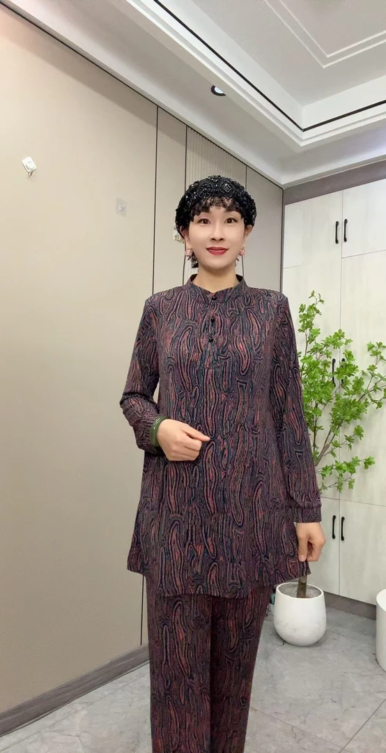 104蓝底水波纹夏季亲肤弹力棉妈妈套装