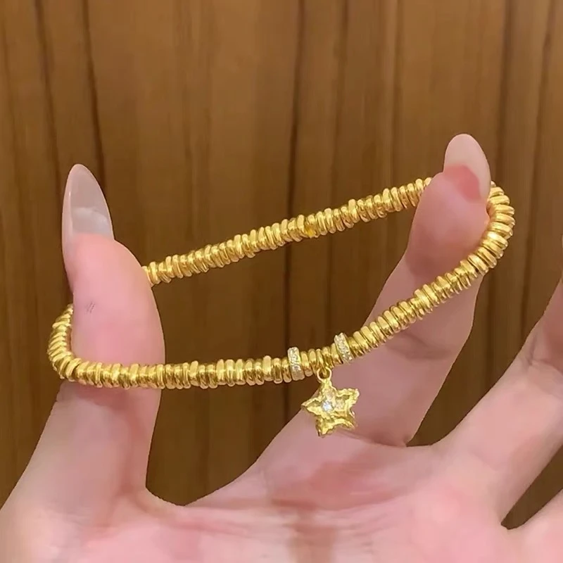 瑞诺黄金三角碎金子手链新款锤纹星星跑环手串足金999礼物送女友