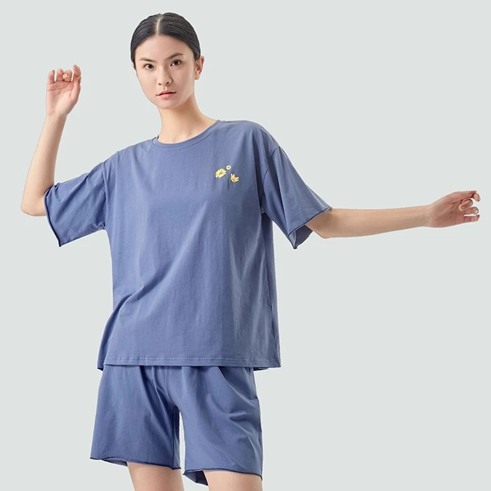 薄款夏季短袖凉感睡衣家居服套装女士圆领艺术流浪风夏天短袖睡衣