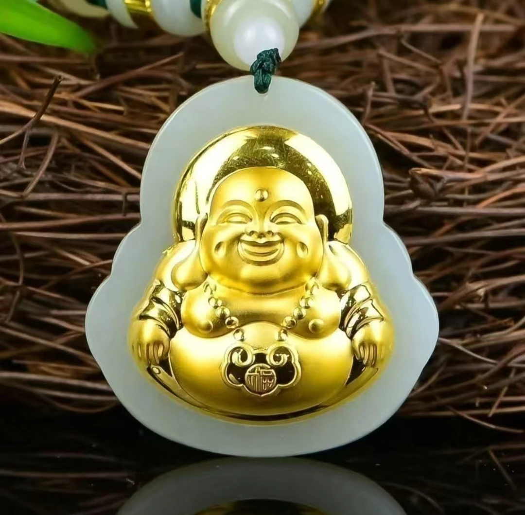 【专柜推荐】足 金和田玉大肚弥勒佛吊坠（证书+礼盒）