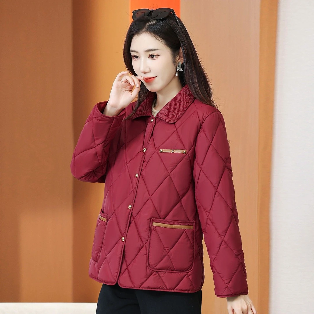 小香风百搭轻薄棉服休闲外套妈妈冬季棉袄新款小个子宽松压格棉衣