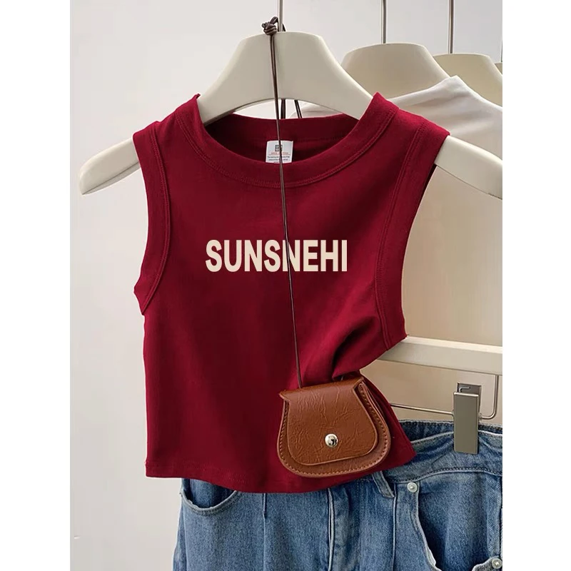 酒红色正肩无袖背心t恤衫女2025新款夏季吊带内搭显瘦小个子上衣