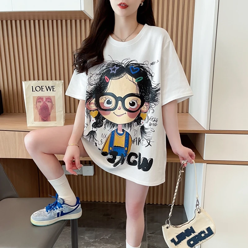减龄洋气卡通短袖T恤女夏季2025爆款宽松oversized显瘦纯棉上衣女