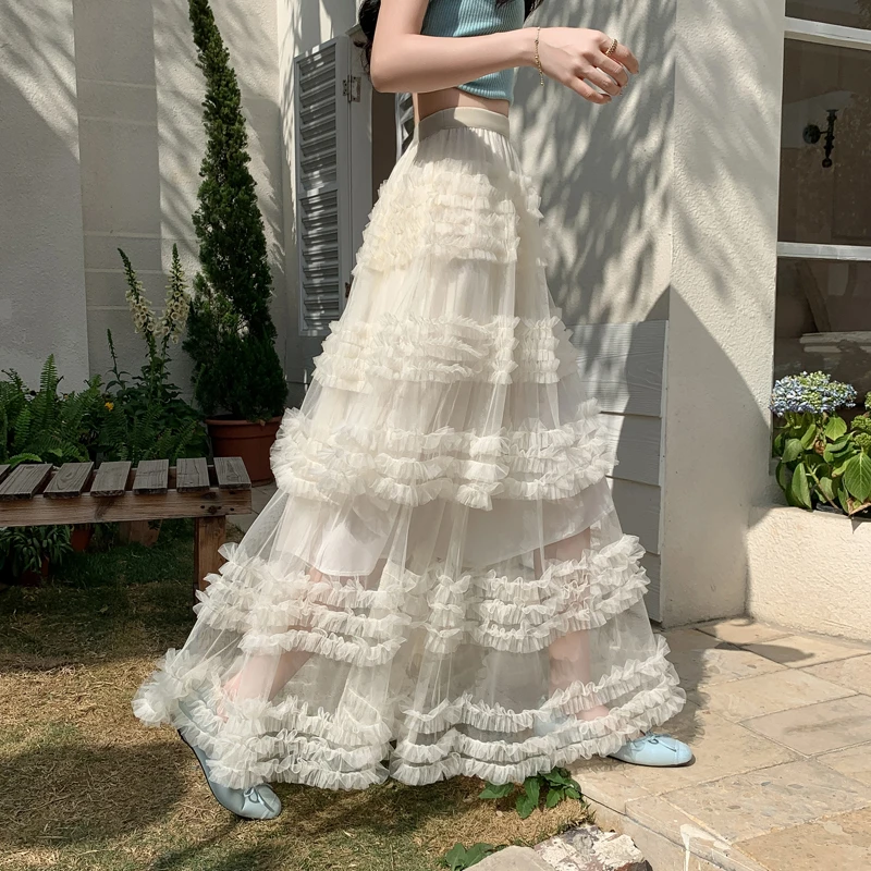 新款 藤姐推荐韩国25夏季甜美网纱木耳边层次仙女裙半身裙子