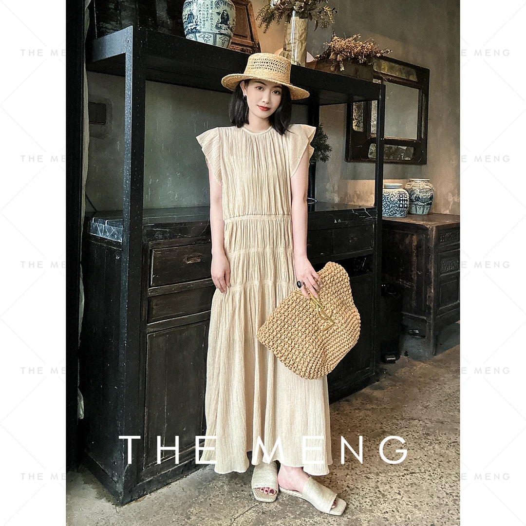 THE MENG【月桂】精梳全棉纯色肌理修身小飞袖连衣裙#M242G0067