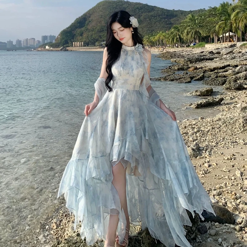 东方诗意 浪漫印花度假风裙子+披肩+胸针三件套连衣裙